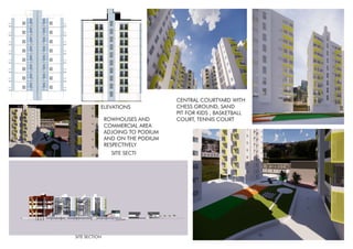 CENTRAL COURTYARD WITH
CHESS GROUND, SAND
PIT FOR KIDS , BASKETBALL
COURT, TENNIS COURT
ELEVATIONS
ROWHOUSES AND
COMMERCIAL AREA
ADJOING TO PODIUM
AND ON THE PODIUM
RESPECTIVELY
SITE SECTION
SITE SECTI
 