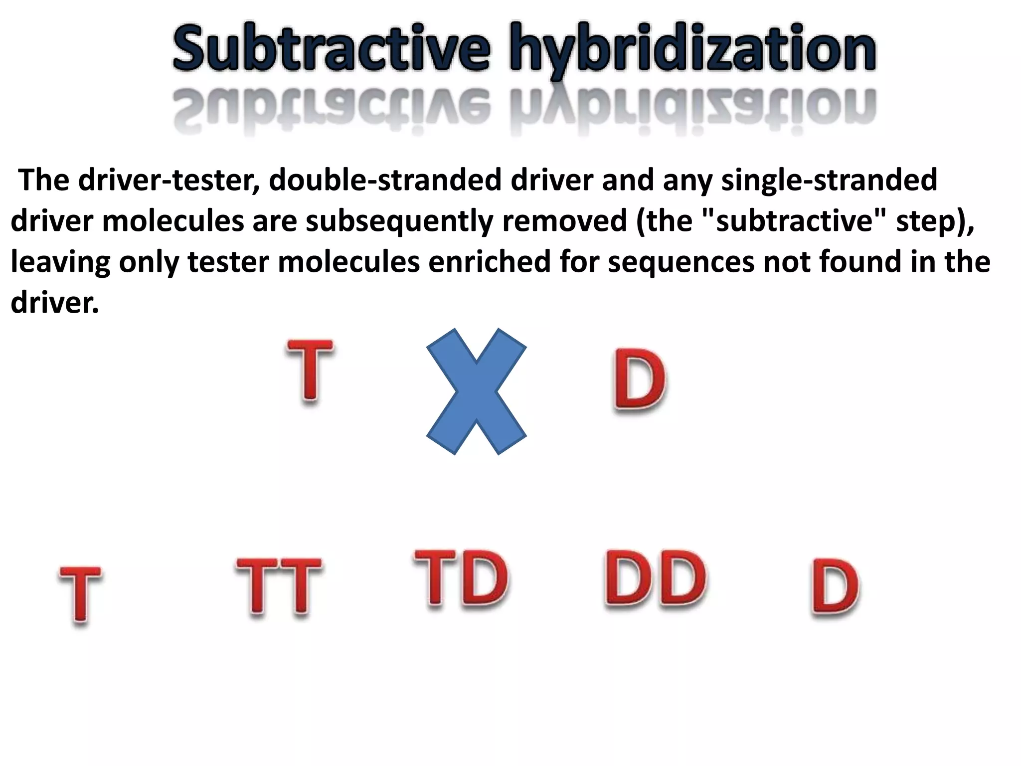 The driver-tester, double-stranded driver and any single-stranded
driver molecules are subsequently removed (the "subtractive" step),
leaving only tester molecules enriched for sequences not found in the
driver.
 