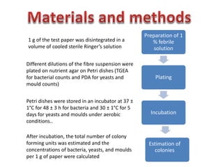 1 g of the test paper was disintegrated in a
volume of cooled sterile Ringer’s solution
Preparation of 1
% febrile
solution
Plating
Incubation
Different dilutions of the fibre suspension were
plated on nutrient agar on Petri dishes (TGEA
for bacterial counts and PDA for yeasts and
mould counts)
After incubation, the total number of colony
forming units was estimated and the
concentrations of bacteria, yeasts, and moulds
per 1 g of paper were calculated
Estimation of
colonies
Petri dishes were stored in an incubator at 37 ±
1°C for 48 ± 3 h for bacteria and 30 ± 1°C for 5
days for yeasts and moulds under aerobic
conditions..
 