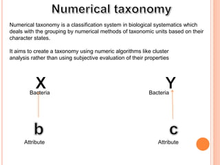 Numerical taxonomy is a classification system in biological systematics which
deals with the grouping by numerical methods of taxonomic units based on their
character states.
It aims to create a taxonomy using numeric algorithms like cluster
analysis rather than using subjective evaluation of their properties
Attribute Attribute
Bacteria Bacteria
 
