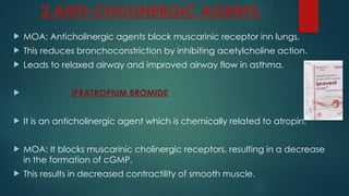 2.ANTI-CHOLINERGIC AGENTS:
 MOA: Anticholinergic agents block muscarinic receptor inn lungs.
 This reduces bronchoconstriction by inhibiting acetylcholine action.
 Leads to relaxed airway and improved airway flow in asthma.
 IPRATROPIUM BROMIDE
 It is an anticholinergic agent which is chemically related to atropin.
 MOA: It blocks muscarinic cholinergic receptors, resulting in a decrease
in the formation of cGMP.
 This results in decreased contractility of smooth muscle.
 