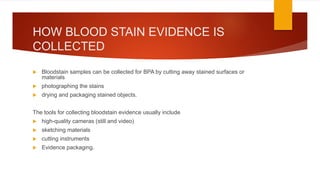 HOW BLOOD STAIN EVIDENCE IS
COLLECTED
 Bloodstain samples can be collected for BPA by cutting away stained surfaces or
materials
 photographing the stains
 drying and packaging stained objects.
The tools for collecting bloodstain evidence usually include
 high-quality cameras (still and video)
 sketching materials
 cutting instruments
 Evidence packaging.
 