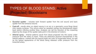 TYPES OF BLOOD STAINS: Active
(Projected) Bloodstains
 Gunshot spatter - includes both forward spatter from the exit wound and back
spatter from the entrance wound.
 Cast-off - results when an object swung in an arc or a geometric curve flings blood
onto nearby surfaces. This occurs when an assailant swings the bloodstained object
back before inflicting another blow. Analysts can tell the direction of the impacting
object by the shape of the spatter (tails point in the direction of motion).
 Arterial spray - Arterial patterns result from blood projected into the scene under
pressure form the artery or heart. There are distinctive physical characteristic in the
arterial patterns, marked with the typical bright red color of oxygenated blood, as well
as the spiked appearance of the blood being released under pressure from the
breached artery.
 