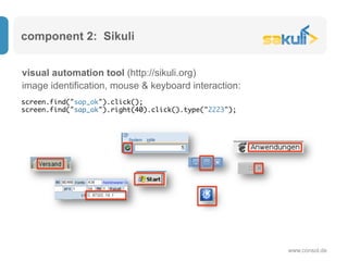 component 2: Sikuli
www.consol.de
visual automation tool (http://sikuli.org)
screen.find("sap_ok").click();
screen.find("sap_ok").right(40).click().type("2223");
image identification, mouse & keyboard interaction:
 