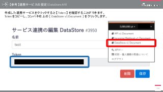 【参考】連携サービスの設定（DataStore API）
114
作成した連携サービスをクリックすると 【 Token 】 を確認することができます。
Tokenをコピーし、コンパネ右上の ［ DataStore v1 Document ］ をクリックします。
 