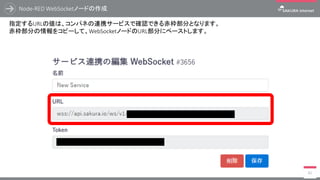 Node-RED WebSocketノードの作成
63
まずはWebSocketからのデータを受け取るノードを追加します。
ノードパレットの入力から「websocket」ノードをシートにドラッグ&ドロップします。
 