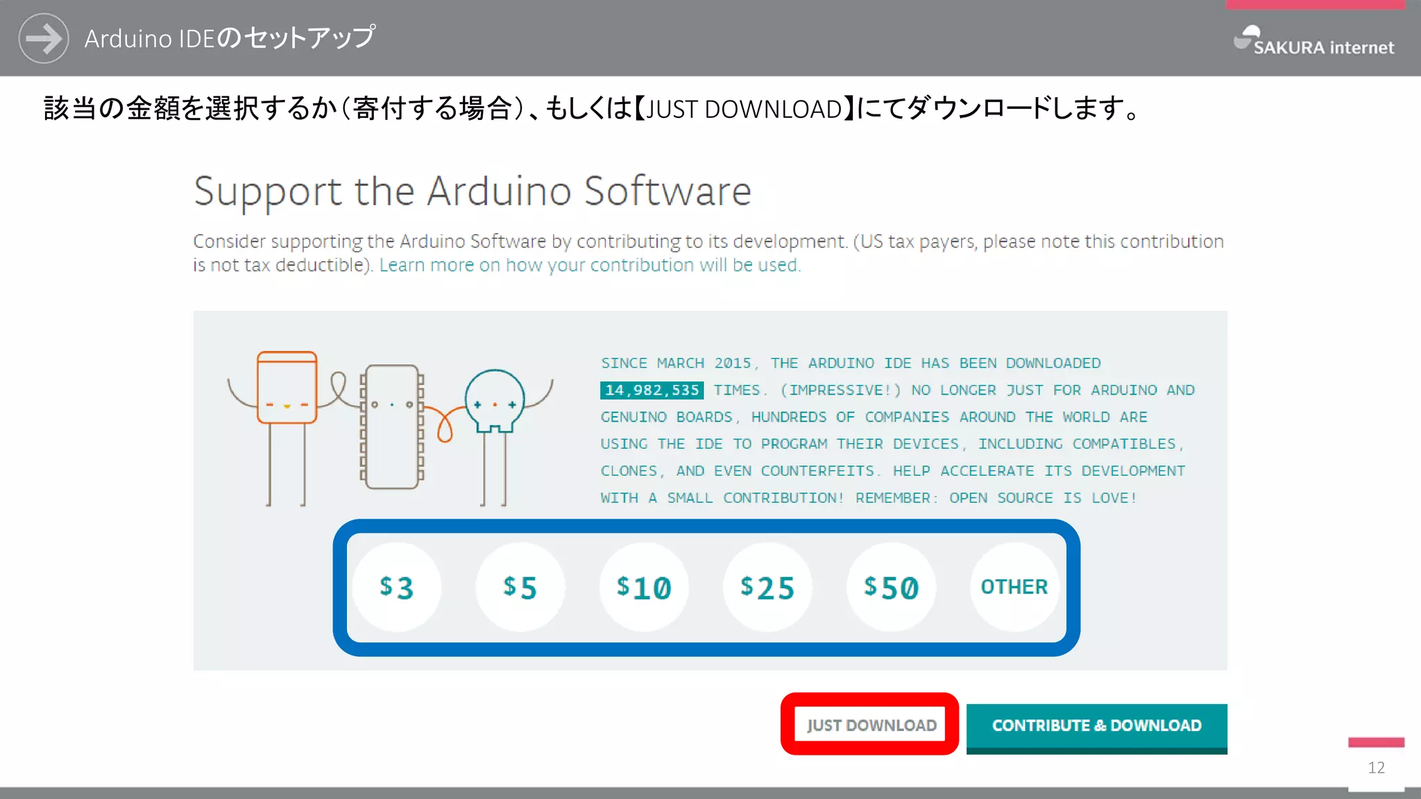 Arduino IDEのセットアップ
12
該当の金額を選択するか（寄付する場合）、もしくは【JUST DOWNLOAD】にてダウンロードします。
 
