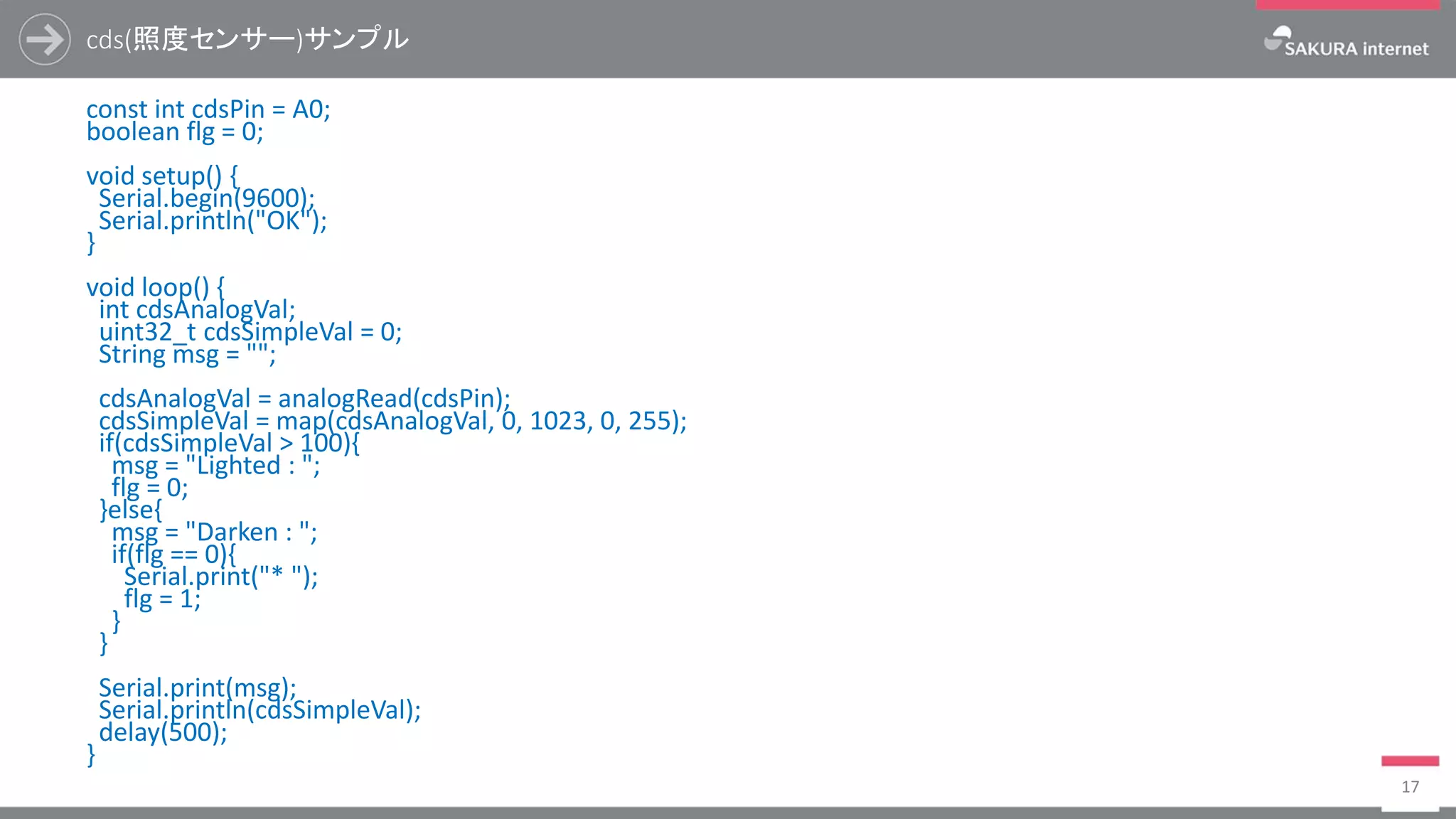 cds(照度センサー)サンプル
const int cdsPin = A0;
boolean flg = 0;
void setup() {
Serial.begin(9600);
Serial.println("OK");
}
void loop() {
int cdsAnalogVal;
uint32_t cdsSimpleVal = 0;
String msg = "";
cdsAnalogVal = analogRead(cdsPin);
cdsSimpleVal = map(cdsAnalogVal, 0, 1023, 0, 255);
if(cdsSimpleVal > 100){
msg = "Lighted : ";
flg = 0;
}else{
msg = "Darken : ";
if(flg == 0){
Serial.print("* ");
flg = 1;
}
}
Serial.print(msg);
Serial.println(cdsSimpleVal);
delay(500);
}
17
 