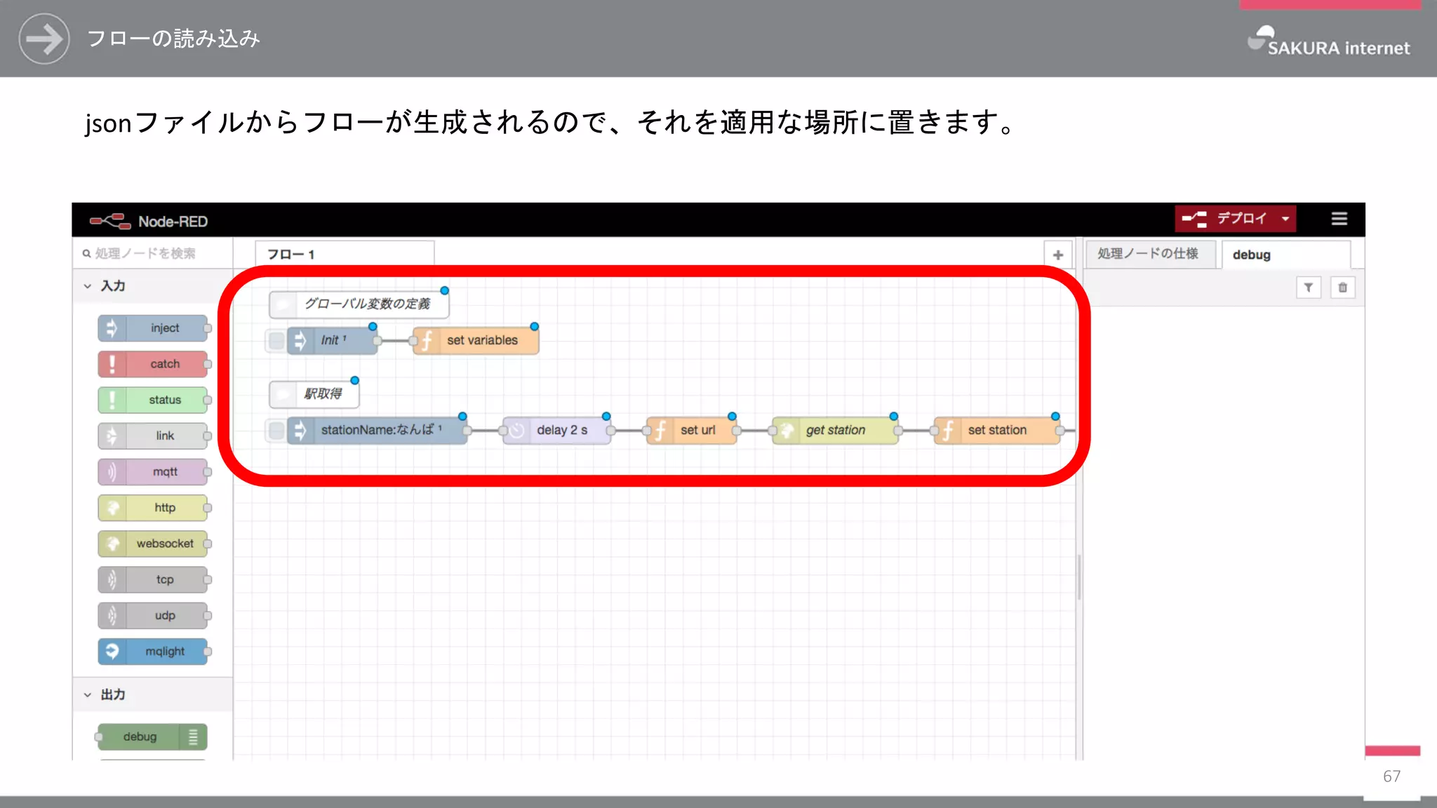 フローの読み込み
jsonファイルからフローが生成されるので、それを適用な場所に置きます。
67
 