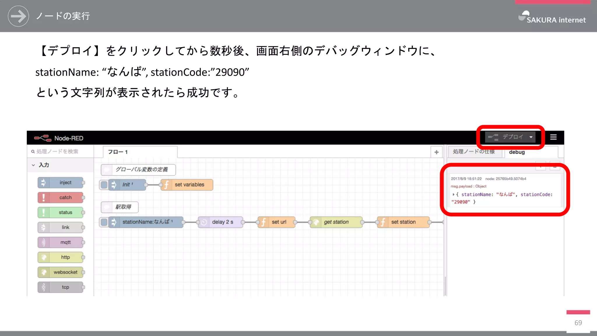 ノードの実行
【デプロイ】をクリックしてから数秒後、画面右側のデバッグウィンドウに、
stationName: “なんば”, stationCode:”29090”
という文字列が表示されたら成功です。
69
 