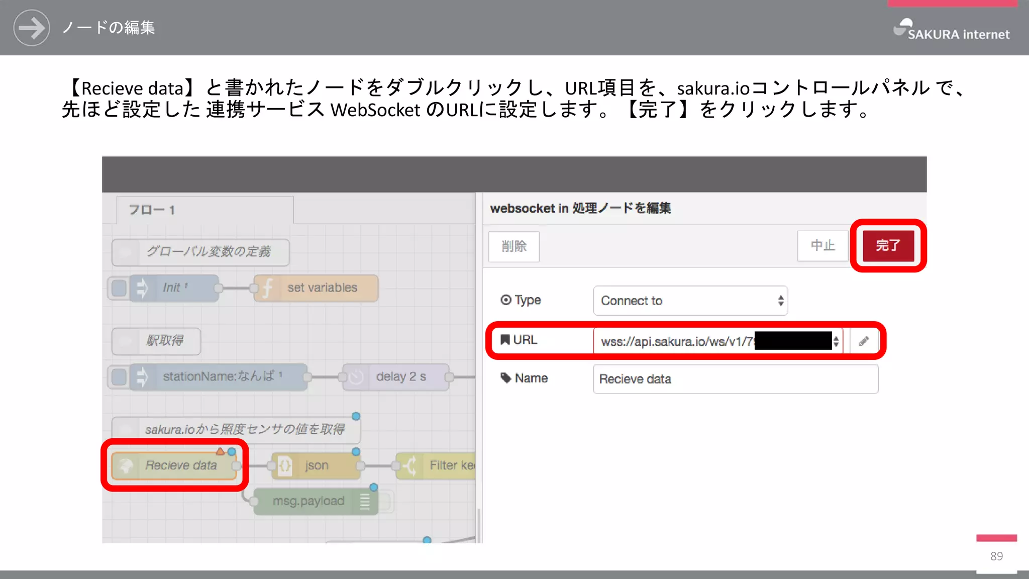 ノードの編集
【Recieve data】と書かれたノードをダブルクリックし、URL項目を、sakura.ioコントロールパネル で、
先ほど設定した 連携サービス WebSocket のURLに設定します。【完了】をクリックします。
89
 