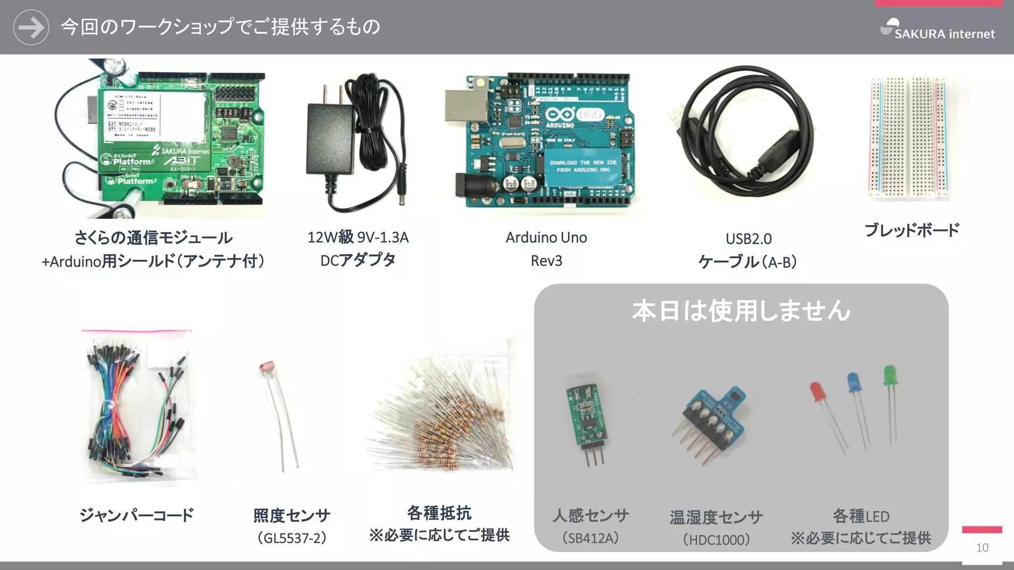 今回のワークショップでご提供するもの
10
Arduino Uno
Rev3
ジャンパーコード 人感センサ
（SB412A）
照度センサ
（GL5537-2）
温湿度センサ
（HDC1000）
各種抵抗
※必要に応じてご提供
さくらの通信モジュール
+Arduino用シールド（アンテナ付）
USB2.0
ケーブル（A-B）
12W級 9V-1.3A
DCアダプタ
ブレッドボード
各種LED
※必要に応じてご提供
本日は使用しません
 