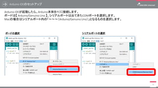 Arduino IDEのセットアップ
14
Arduino IDEが起動したら、Arduino本体をPCに接続します。
ボードは【 Arduino/Genuino Uno 】、シリアルポートは出てきたCOMポートを選択します。
Macの場合はシリアルポート内の「～～～（Arduino/Genuino Uno）」となるものを選択します。
ボードの選択 シリアルポートの選択
 