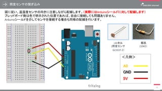 ＜凡例＞
照度センサの繋ぎ込み
16
図に従い、温湿度センサの向きに注意しながら配線します。（実際にはArduinoシールドに対して配線します）
ブレッドボード側は色で明示された位置であれば、自由に接続しても問題ありません。
Arduinoシールドを介してセンサを接続する場合も同様の配線を行います。
GND
A0
5V
cdsセル
(照度センサ
GL5537-2）
抵抗
(10kΩ）
 