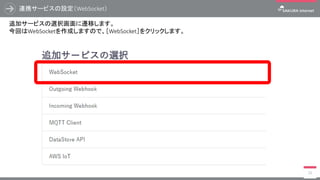 連携サービスの設定（WebSocket）
33
追加サービスの選択画面に遷移します。
今回はWebSocketを作成しますので、［WebSocket］をクリックします。
 