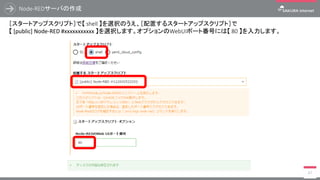 Node-REDサーバの作成
47
［スタートアップスクリプト］で【 shell 】を選択のうえ、［配置するスタートアップスクリプト］で
【 [public] Node-RED #xxxxxxxxxxx 】を選択します。オプションのWebUIポート番号には【 80 】を入力します。
 