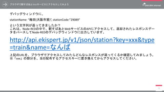 ブラウザで駅すぱあとWebサービスにアクセスしてみよう
デバッグウィンドウに、
stationName: “梅田(大阪市営)”, stationCode:”29089”
という文字列が返ってきましたか？
これは、Node-REDの中で、駅すぱあとWebサービスのAPIにアクセスして、返却されたレスポンスデー
タをパースしてNode-REDのデバッグウィンドウに出力しています。
http://api.ekispert.jp/v1/json/station?key=xxx&type
=train&name=なんば
上記のURLを、ブラウザでアクセスしてみたらどんなレスポンスが返ってくるか確認してみましょう。
※「xxx」の部分を、当日配布するアクセスキーに置き換えてからアクセスしてください。
71
 