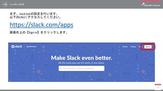 slackのbot作成
まず、slack botの設定を行います。
以下のURLにアクセスしてください。
https://slack.com/apps
画面右上の【Sign in】をクリックします。
74
 