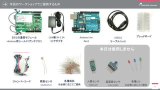 今回のワークショップでご提供するもの
10
Arduino Uno
Rev3
ジャンパーコード 人感センサ
（SB412A）
照度センサ
（GL5537-2）
温湿度センサ
（HDC1000）
各種抵抗
※必要に応じてご提供
さくらの通信モジュール
+Arduino用シールド（アンテナ付）
USB2.0
ケーブル（A-B）
12W級 9V-1.3A
DCアダプタ
ブレッドボード
各種LED
※必要に応じてご提供
本日は使用しません
 