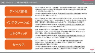 SiPN for IoT パートナーの種別（Certified）
15
デバイス開発
インテグレーション
sakura.ioを利用したデバイスの開発をご対応いただくパートナーです。回路やアンテナ、
外装といったsakura.ioを用いた量産品の設計や製造に必要となる技術を受託開発を
ベースにご協力いただきます。
パートナー登録の翌年4月から起算して1年間で1つ以上のデバイスの開発に関わって
いただけることを目標といたします。
sakura.ioを利用したシステムやサービスのインテグレーション、マネージドサービスを
ご対応いただくパートナーです。sakura.ioを用いたサービスにおけるシステムの設計
開発や運用保守、業界に応じたコンサルティングサービスにご協力いただきます。
パートナー登録の翌年4月から起算して1年間で1つ以上のシステムやサービスの
開発に関わっていただけることを目標といたします。
コネクティッド
直接、間接問わずsakura.ioとの連携をご提供いただくパートナーです。sakura.ioの
コントロールパネル上でパートナーサービスとの連携を掲載したり、場合によっては
両社で連携させるための仕組みをご提供いただきます。
パートナー登録の翌年4月から起算して1年間で1つ以上の自社提供ソフトウェアや
クラウドサービスと接続をいただけることを目標といたします。
セールス
sakura.ioのモジュールやゲートウェイといった機器の販売経路をご提供いただく
パートナーです。ECや実店舗といった実際にサービスを利用いただくお客様に
流通の仕組みをご提供いただきます。
パートナー登録の翌年4月から起算して1年間で1つ以上のデバイスを営業活動や
自社ECサイト、店舗といった流通経路にて販売いただけることを目標といたします。
 