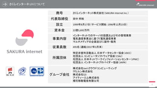 3
さくらインターネットについて
商号 さくらインターネット株式会社（SAKURA Internet Inc.）
代表取締役 田中 邦裕
設立 1999年8月17日（サービス開始：1996年12月23日）
資本金 22億5,692万円
事業内容
インターネットでのサーバの設置およびその管理業務
電気通信事業法に基づく電気通信事業
マルチメディアの企画並びに製作・販売
従業員数 495名（連結/2017年3月末）
所属団体
特定非営利活動法人 日本データセンター協会（JDCC）
社団法人 コンピュータソフトウェア協会（CSAJ）
社団法人 日本ネットワークインフォメーションセンター（JPNIC）
社団法人 インターネットプロバイダー協会（JAIPA）
グループ会社
株式会社Joe’sクラウドコンピューティング
ゲヒルン株式会社
株式会社S2i
アイティーエム株式会社
櫻花移動電信有限公司
 