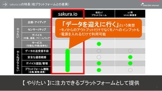 sakura.ioの特長（他プラットフォームとの差異）
【 やりたい 】に注力できるプラットフォームとして提供
7
sakura.io 他社IoT
プラットフォーム
IoT用
MVNO事業者
や
り
た
い
企画・アイディア
センサー/チップ
デバイス
（外装、基板、ファームウェア）
サービス
（可視化/予測/効率化）
や
ら
ね
ば
な
ら
な
い
データの送受信手段
安全な通信経路
デバイス認証/管理
プラットフォーム機能
（収集/蓄積/連携）
「データを迎えに行く」という発想
・モノからのアウトプットだけでなくモノへのインプットも
・電源を入れるだけで利用可能
 
