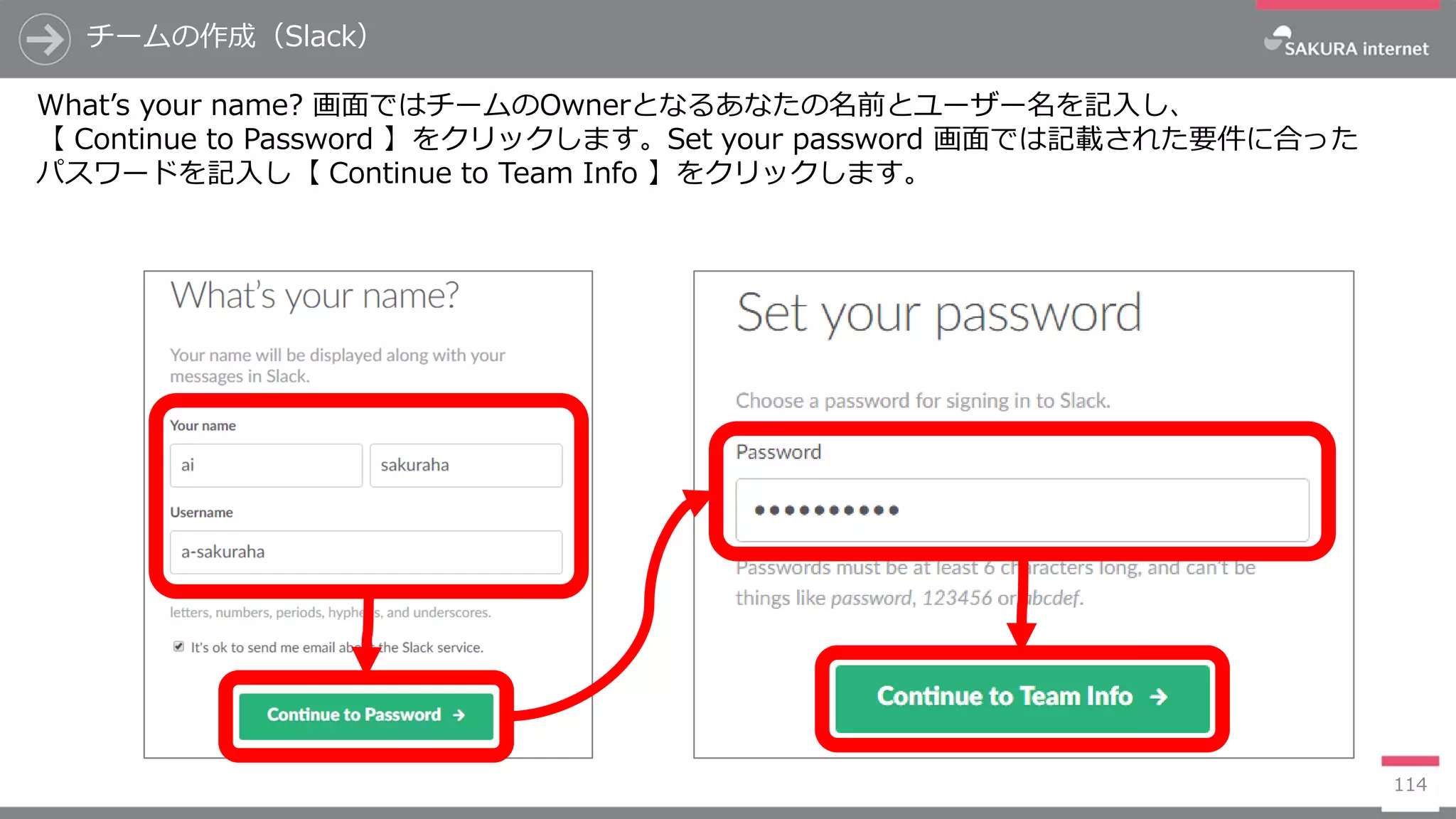 チームの作成（Slack）
114
What’s your name? 画面ではチームのOwnerとなるあなたの名前とユーザー名を記入し、
【 Continue to Password 】をクリックします。Set your password 画面では記載された要件に合った
パスワードを記入し【 Continue to Team Info 】をクリックします。
 
