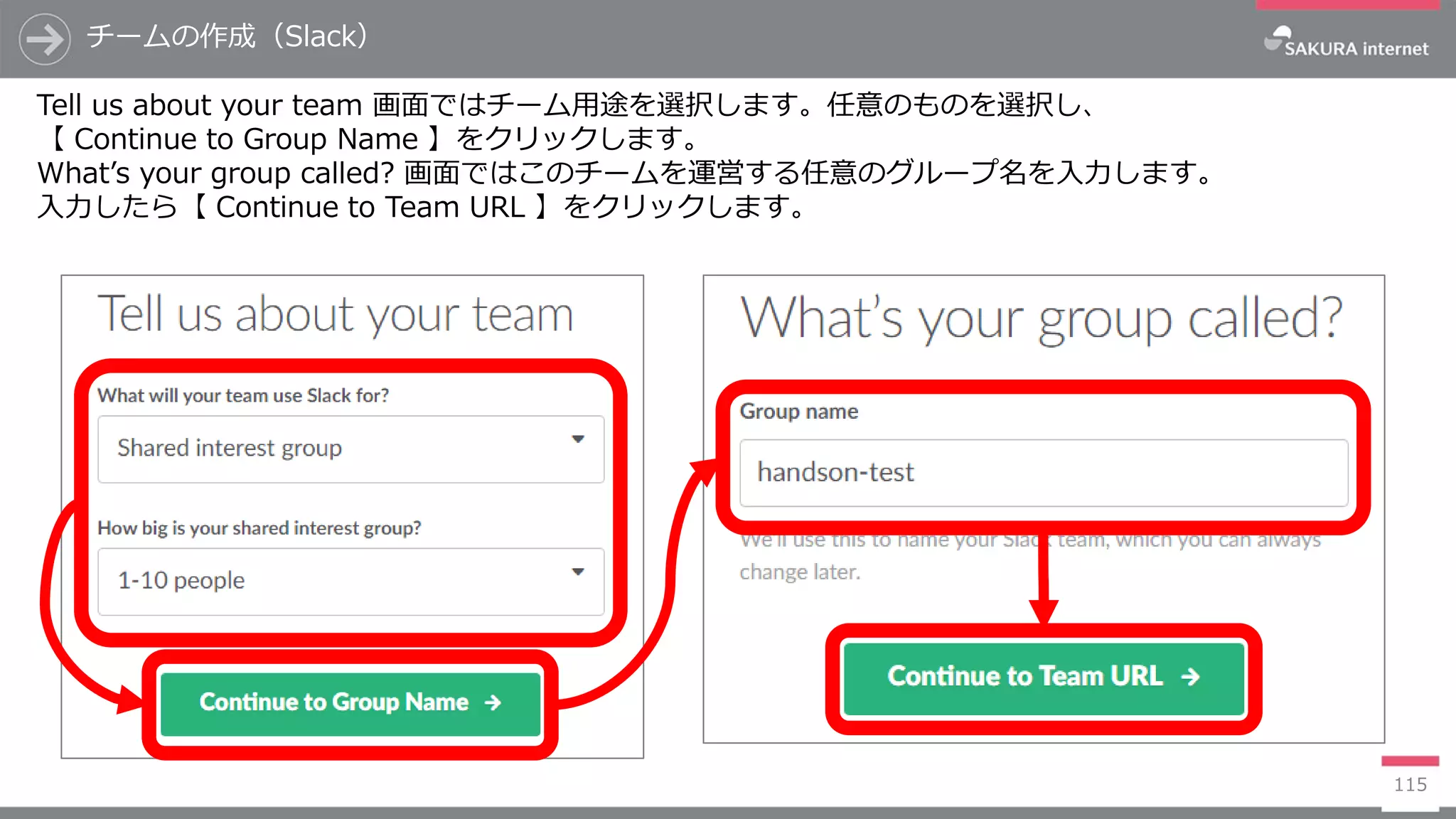 チームの作成（Slack）
115
Tell us about your team 画面ではチーム用途を選択します。任意のものを選択し、
【 Continue to Group Name 】をクリックします。
What’s your group called? 画面ではこのチームを運営する任意のグループ名を入力します。
入力したら【 Continue to Team URL 】をクリックします。
 