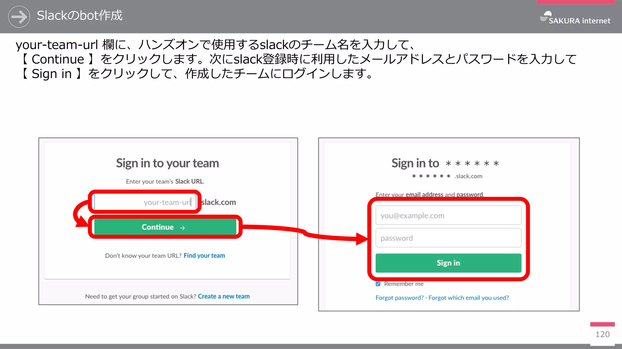 120
Slackのbot作成
＊＊＊＊＊＊
＊＊＊＊＊＊
your-team-url 欄に、ハンズオンで使用するslackのチーム名を入力して、
【 Continue 】をクリックします。次にslack登録時に利用したメールアドレスとパスワードを入力して
【 Sign in 】をクリックして、作成したチームにログインします。
 
