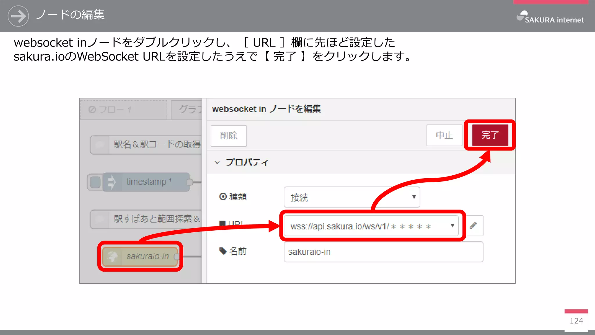 124
websocket inノードをダブルクリックし、［ URL ］欄に先ほど設定した
sakura.ioのWebSocket URLを設定したうえで【 完了 】をクリックします。
ノードの編集
 