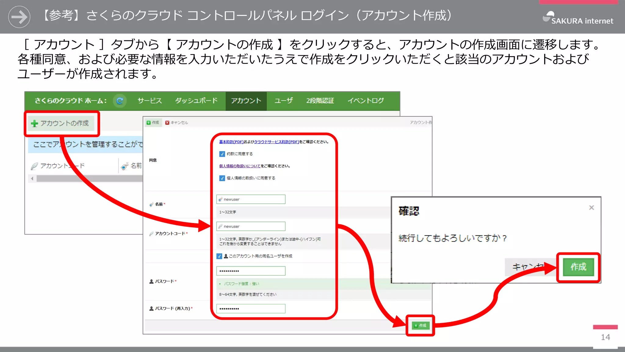 【参考】さくらのクラウド コントロールパネル ログイン（アカウント作成）
14
［ アカウント ］タブから【 アカウントの作成 】をクリックすると、アカウントの作成画面に遷移します。
各種同意、および必要な情報を入力いただいたうえで作成をクリックいただくと該当のアカウントおよび
ユーザーが作成されます。
 