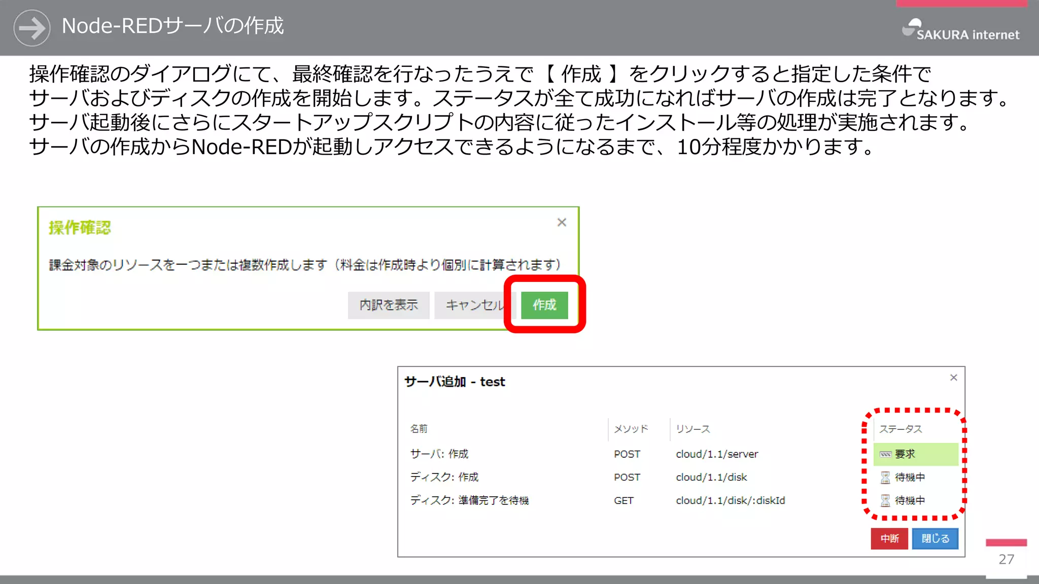 Node-REDサーバの作成
27
操作確認のダイアログにて、最終確認を行なったうえで【 作成 】をクリックすると指定した条件で
サーバおよびディスクの作成を開始します。ステータスが全て成功になればサーバの作成は完了となります。
サーバ起動後にさらにスタートアップスクリプトの内容に従ったインストール等の処理が実施されます。
サーバの作成からNode-REDが起動しアクセスできるようになるまで、10分程度かかります。
 