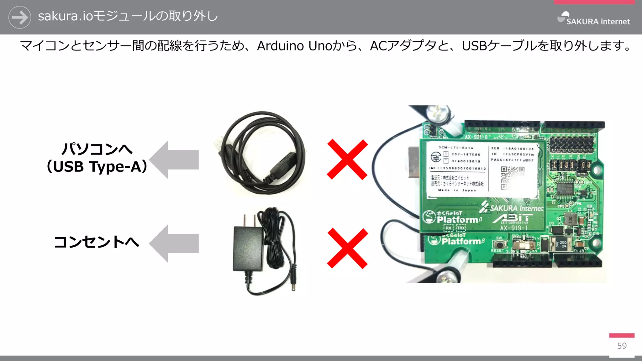 sakura.ioモジュールの取り外し
59
マイコンとセンサー間の配線を行うため、Arduino Unoから、ACアダプタと、USBケーブルを取り外します。
コンセントへ
パソコンへ
（USB Type-A）
 