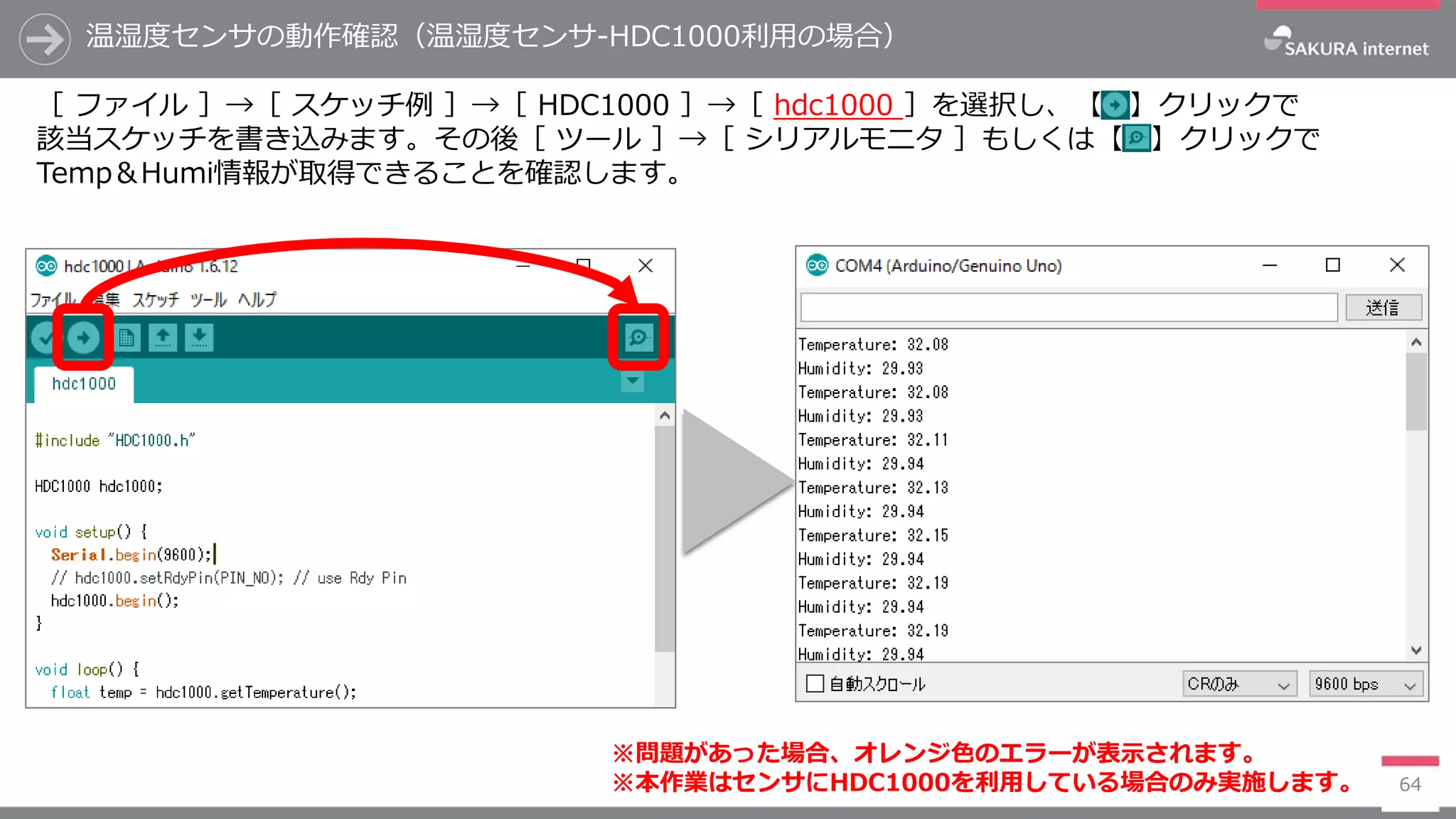 温湿度センサの動作確認（温湿度センサ-HDC1000利用の場合）
64
［ ファイル ］→［ スケッチ例 ］→［ HDC1000 ］→［ hdc1000 ］を選択し、【 】クリックで
該当スケッチを書き込みます。その後［ ツール ］→［ シリアルモニタ ］もしくは【 】クリックで
Temp＆Humi情報が取得できることを確認します。
※問題があった場合、オレンジ色のエラーが表示されます。
※本作業はセンサにHDC1000を利用している場合のみ実施します。
 