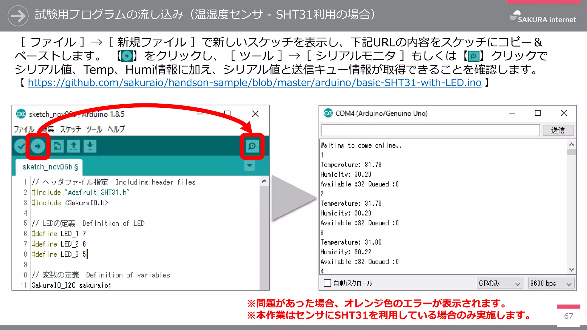 ［ ファイル ］→［ 新規ファイル ］で新しいスケッチを表示し、下記URLの内容をスケッチにコピー＆
ペーストします。 【 】をクリックし、［ ツール ］→［ シリアルモニタ ］もしくは【 】クリックで
シリアル値、Temp、Humi情報に加え、シリアル値と送信キュー情報が取得できることを確認します。
【 https://github.com/sakuraio/handson-sample/blob/master/arduino/basic-SHT31-with-LED.ino 】
試験用プログラムの流し込み（温湿度センサ - SHT31利用の場合）
67
※問題があった場合、オレンジ色のエラーが表示されます。
※本作業はセンサにSHT31を利用している場合のみ実施します。
 
