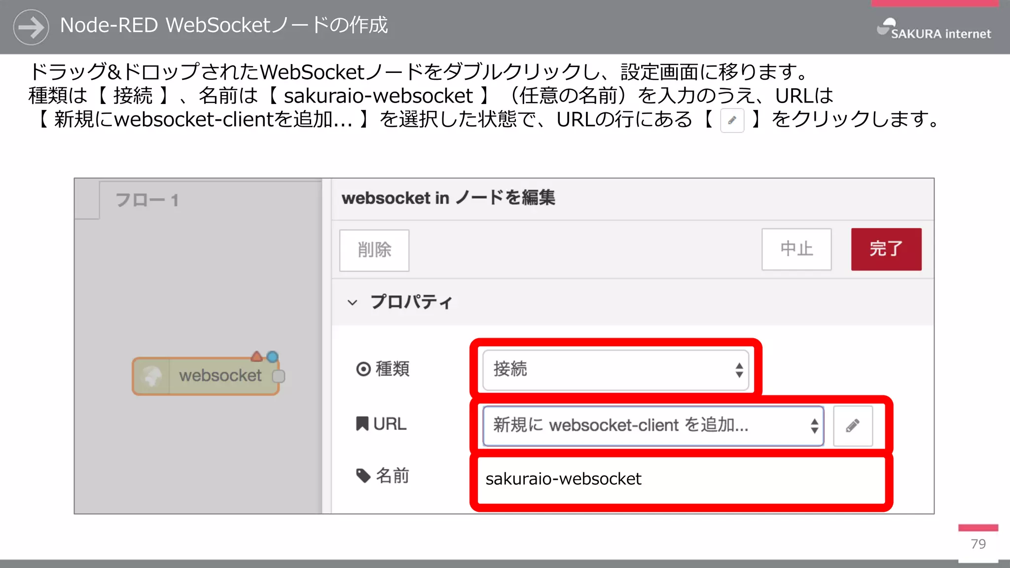 Node-RED WebSocketノードの作成
79
ドラッグ&ドロップされたWebSocketノードをダブルクリックし、設定画面に移ります。
種類は【 接続 】、名前は【 sakuraio-websocket 】（任意の名前）を入力のうえ、URLは
【 新規にwebsocket-clientを追加... 】を選択した状態で、URLの行にある【 】をクリックします。
sakuraio-websocket
 