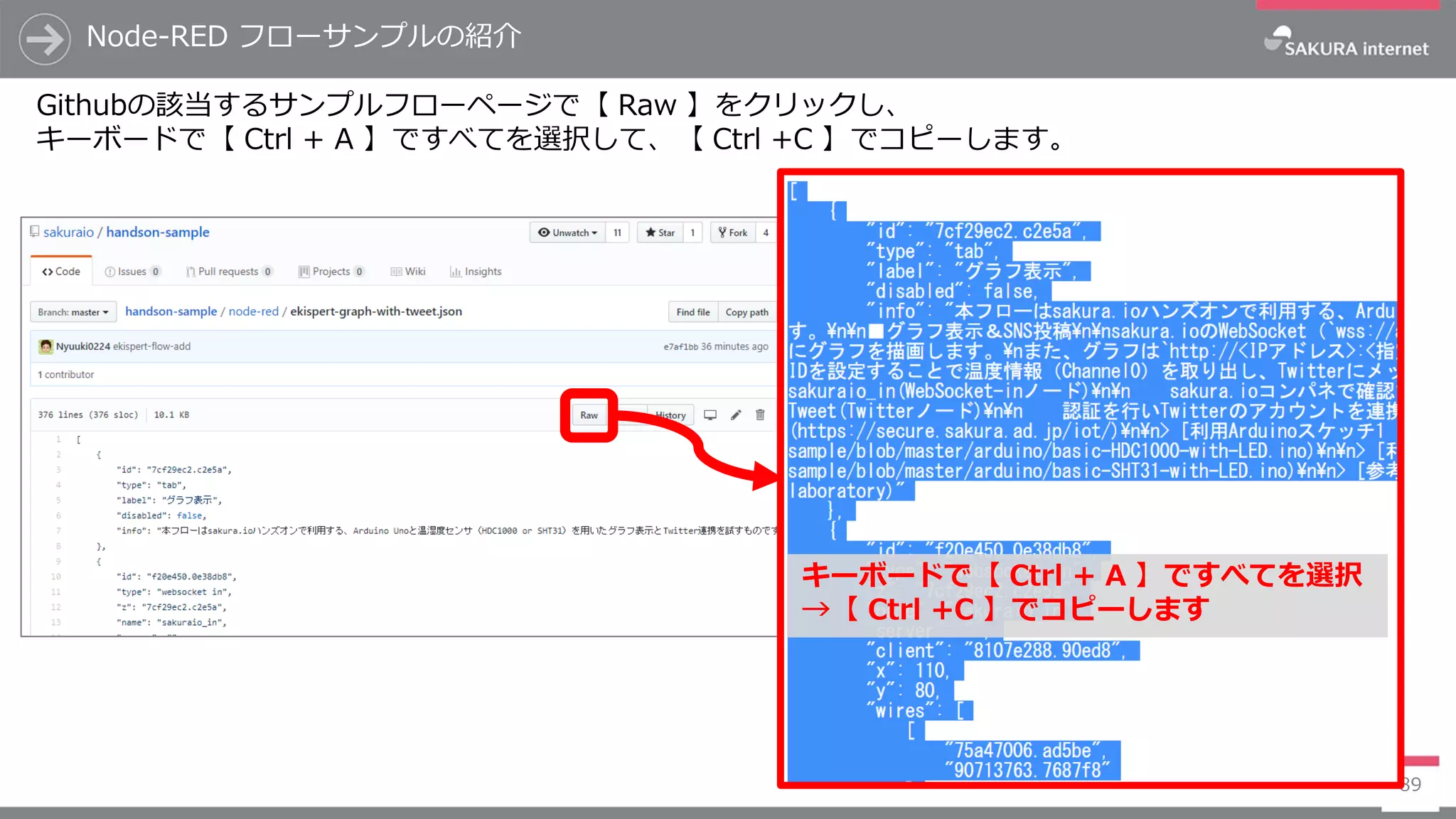 Node-RED フローサンプルの紹介
89
Githubの該当するサンプルフローページで【 Raw 】をクリックし、
キーボードで【 Ctrl + A 】ですべてを選択して、【 Ctrl +C 】でコピーします。
キーボードで【 Ctrl + A 】ですべてを選択
→【 Ctrl +C 】でコピーします
 