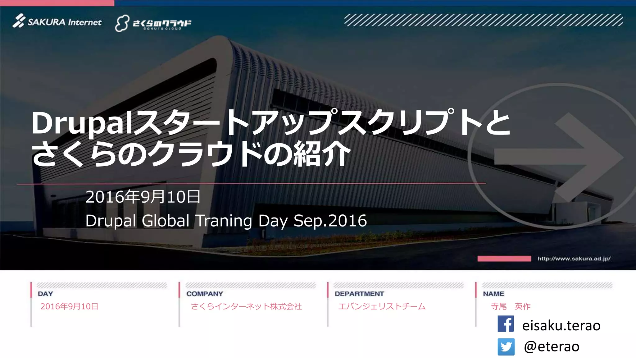 1
Drupalスタートアップスクリプトと
さくらのクラウドの紹介
2016年9⽉10⽇
Drupal Global Traning Day Sep.2016
さくらインターネット株式会社 エバンジェリストチーム 寺尾 英作2016年9⽉10⽇
eisaku.terao
@eterao
 