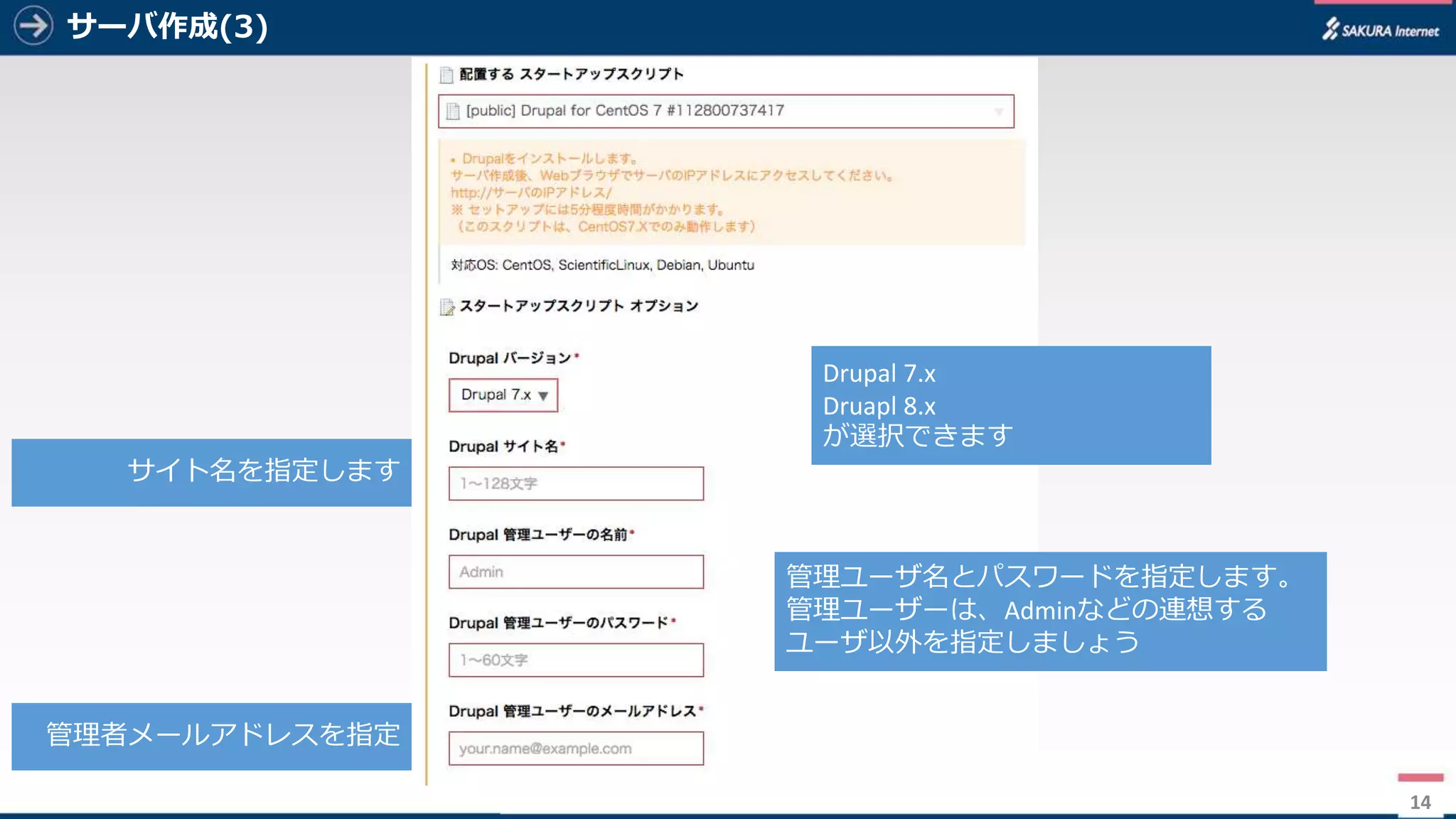 14
サーバ作成(3)
14
Drupal	7.x
Druapl 8.x
が選択できます
サイト名を指定します
管理ユーザ名とパスワードを指定します。
管理ユーザーは、Adminなどの連想する
ユーザ以外を指定しましょう
管理者メールアドレスを指定
 