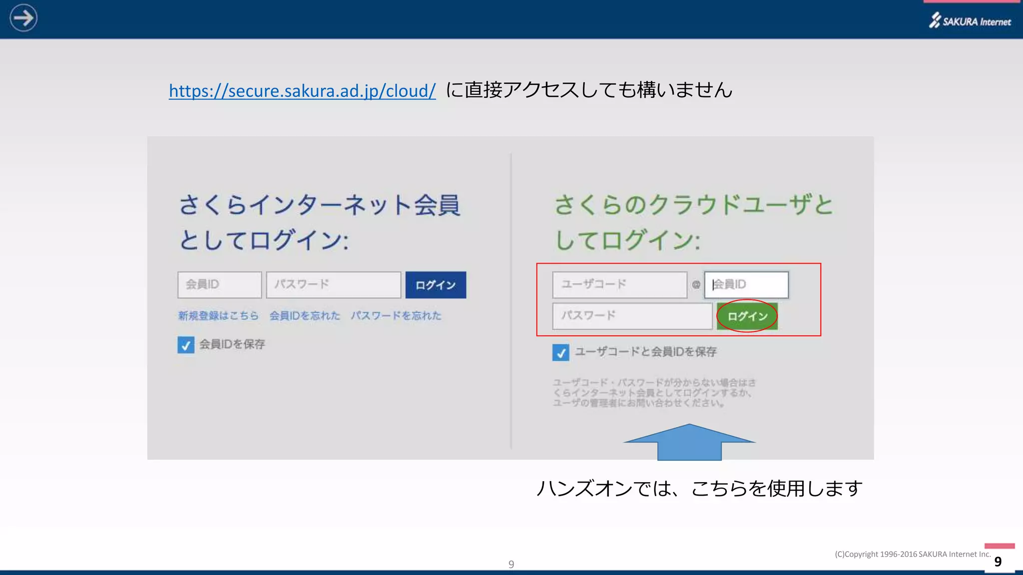9
(C)Copyright	1996-2016 SAKURA	Internet	Inc.
9
https://secure.sakura.ad.jp/cloud/ に直接アクセスしても構いません
 
