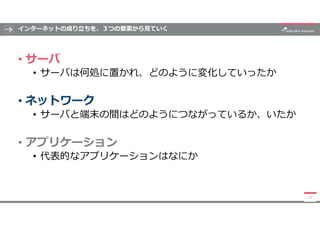 インターネットの成り立ちを、３つの要素から見ていく
• サーバ
• サーバは何処に置かれ、どのように変化していったか
• ネットワーク
• サーバと端末の間はどのようにつながっているか、いたか
• アプリケーション
• 代表的なアプリケーションはなにか
13
 