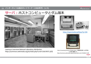 インターネット以前のネットワーク（1980年代）(1/3)
サーバ : ホストコンピュータとダム端末
14
Lawrence Livermore National Laboratory, Attribution,
https://commons.wikimedia.org/w/index.php?curid=1565787による
Retro-Computing Society of Rhode Island - 投稿者自身による作品,
CC 表示-継承 3.0,
https://commons.wikimedia.org/w/index.php?curid=7354001による
https://openmedia.jp/blog/?p=336
 