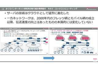 さくらインターネット研究所の取り組み事例紹介 その３:エッジコンピューティング
• サーバの技術はクラウドとして猛烈に進化した
• 一方ネットワークは、2000年代のフレッツ網とモバイル網の成立
以降、伝送速度の向上はあったものの本質的には変化していない
53
 