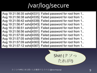 /var/log/secure
Aug 19 21:56:35 sshd[4331]: Failed password for root from 1..
Aug 19 21:56:38 sshd[4335]: Failed password for root from 1..
Aug 19 21:56:42 sshd[4339]: Failed password for root from 1..
Aug 19 21:56:47 sshd[4343]: Failed password for root from 1..
Aug 19 21:56:51 sshd[4347]: Failed password for root from 1..
Aug 19 21:56:56 sshd[4351]: Failed password for root from 1..
Aug 19 21:57:00 sshd[4355]: Failed password for root from 1..
Aug 19 21:57:05 sshd[4359]: Failed password for root from 1..
Aug 19 21:57:09 sshd[4363]: Failed password for root from 1..
Aug 19 21:57:12 sshd[4367]: Failed password for root from 1..

Shit! (クソっ
たれが!)
さくらのVPSに来る悪い人を観察する その２ (@ozuma5119)

9

 