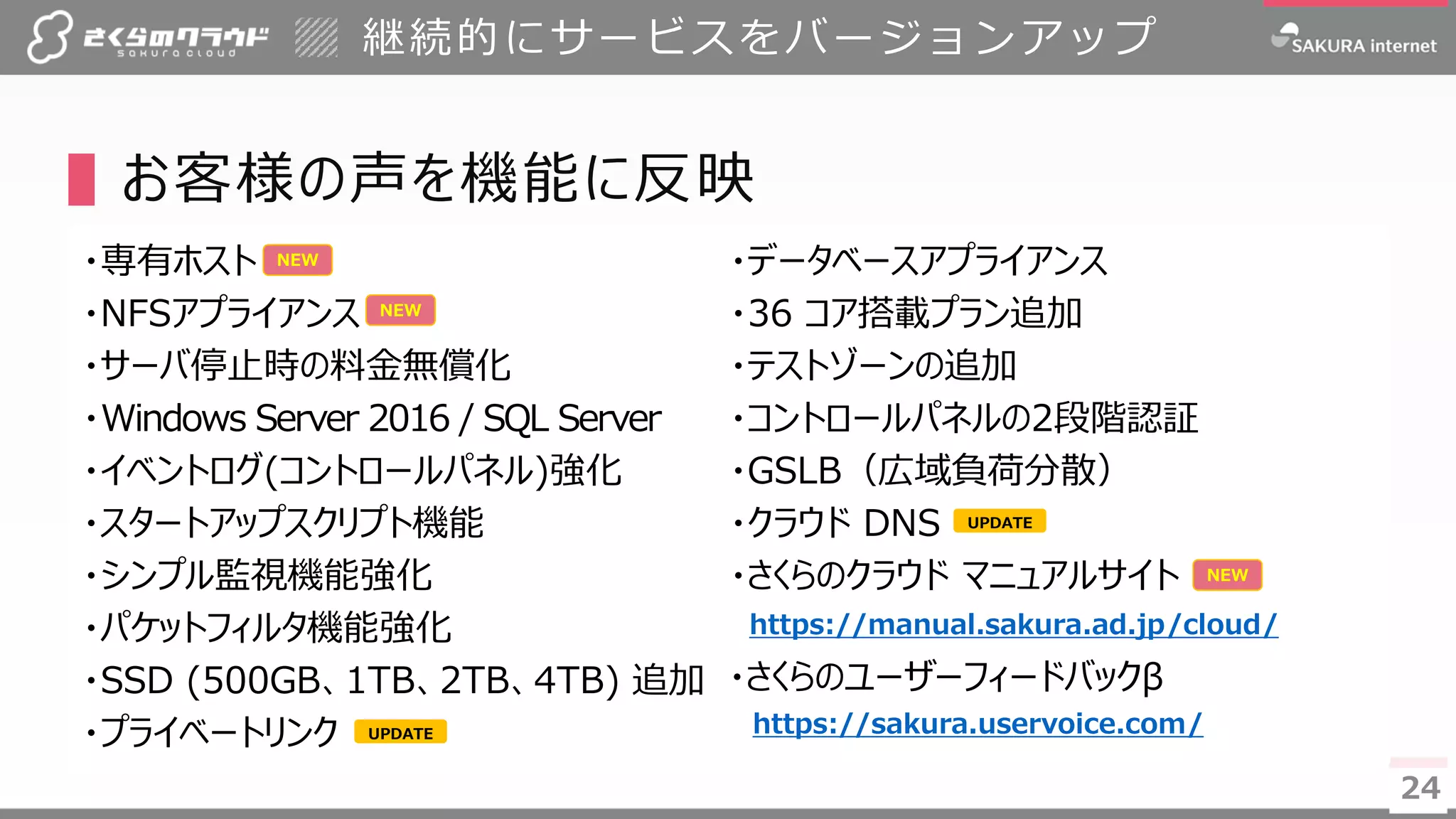 2424
▌お客様の声を機能に反映
継続的にサービスをバージョンアップ
・専有ホスト
・NFSアプライアンス
・サーバ停止時の料金無償化
・Windows Server 2016 / SQL Server
・イベントログ(コントロールパネル)強化
・スタートアップスクリプト機能
・シンプル監視機能強化
・パケットフィルタ機能強化
・SSD (500GB、1TB、2TB、4TB) 追加
・プライベートリンク
・データベースアプライアンス
・36 コア搭載プラン追加
・テストゾーンの追加
・コントロールパネルの2段階認証
・GSLB（広域負荷分散）
・クラウド DNS
・さくらのクラウド マニュアルサイト
https://manual.sakura.ad.jp/cloud/
・さくらのユーザーフィードバックβ
https://sakura.uservoice.com/
UPDATE
NEW
NEW
UPDATE
NEW
 