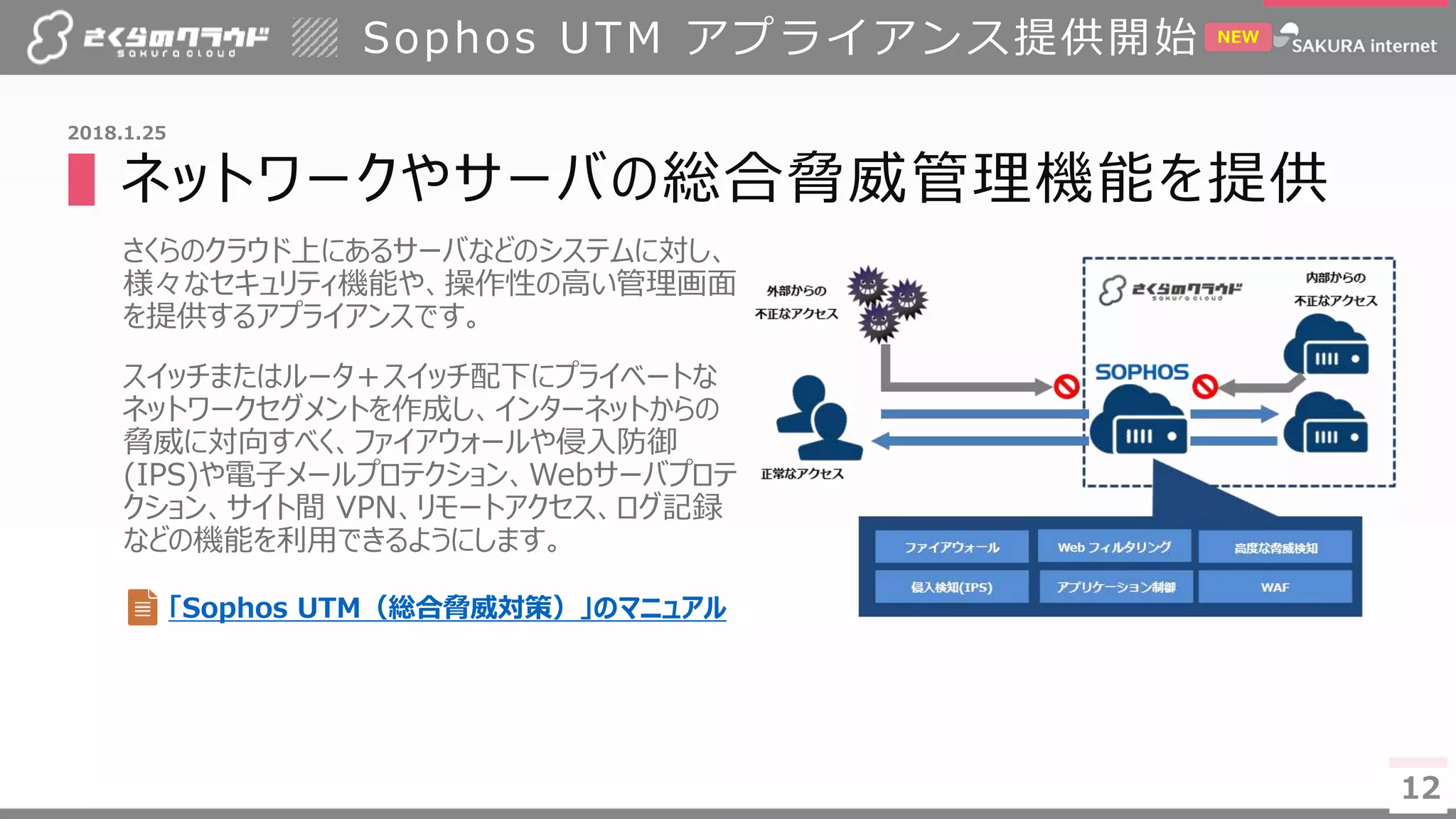 12
▌ネットワークやサーバの総合脅威管理機能を提供
さくらのクラウド上にあるサーバなどのシステムに対し、
様々なセキュリティ機能や、操作性の高い管理画面
を提供するアプライアンスです。
スイッチまたはルータ＋スイッチ配下にプライベートな
ネットワークセグメントを作成し、インターネットからの
脅威に対向すべく、ファイアウォールや侵入防御
(IPS)や電子メールプロテクション、Webサーバプロテ
クション、サイト間 VPN、リモートアクセス、ログ記録
などの機能を利用できるようにします。
Sophos UTM アプライアンス提供開始
12
2018.1.25
NEW
「Sophos UTM（総合脅威対策）」のマニュアル
 