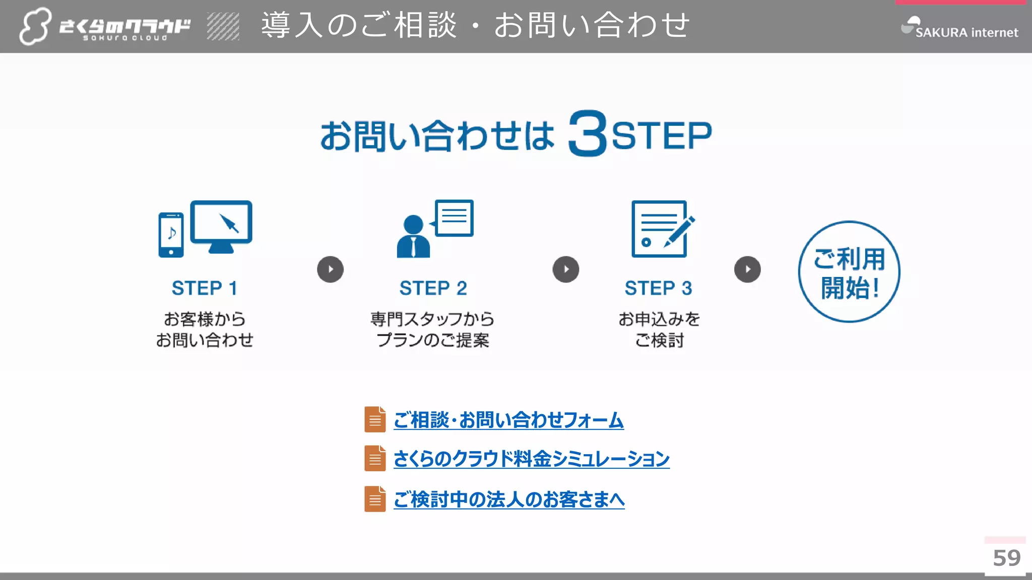 59
導入のご相談・お問い合わせ
59
ご相談・お問い合わせフォーム
さくらのクラウド料金シミュレーション
ご検討中の法人のお客さまへ
 