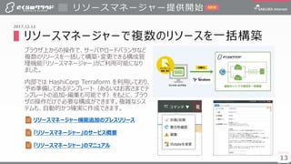 13
▌リソースマネージャーで複数のリソースを一括構築
ブラウザ上からの操作で、サーバやロードバランサなど
複数のリソースを一括して構築・変更できる構成管
理機能「リソースマネージャー」がご利用可能になり
ました。
内部では HashiCorp Terraform を利用しており、
予め準備してあるテンプレート（あるいはお客さまでテ
ンプレートの追加・編集も可能です）をもとに、ブラウ
ザの操作だけで必要な構成ができます。複雑なシス
テムも、自動的かつ確実に作成できます。
リソースマネージャー提供開始
13
2017.12.11
リソースマネージャー機能追加のプレスリリース
NEW
「リソースマネージャー」のサービス概要
「リソースマネージャー」のマニュアル
 