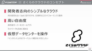2222
▌開発者志向のシンプルなクラウド
何の変哲もない IaaS 型クラウドを、圧倒的なコストパフォーマンスで提供
▌高い自由度
高性能サーバーをスケールアプト
ネットワークも自由に組める
▌仮想データセンターを操作
「インスタンス」よりも「サーバ」という概念を大切にしたい
さくらのクラウドのコンセプト
 
